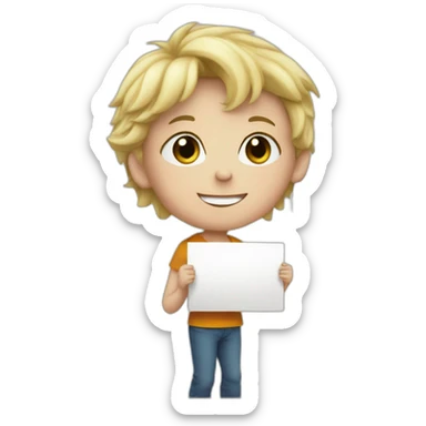 a young blond boy holding a sign , written Vivien sticker