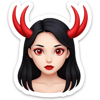 A girl's face with cheekbones, completely red skin, long black hair, small red horns, and red eyes. sticker