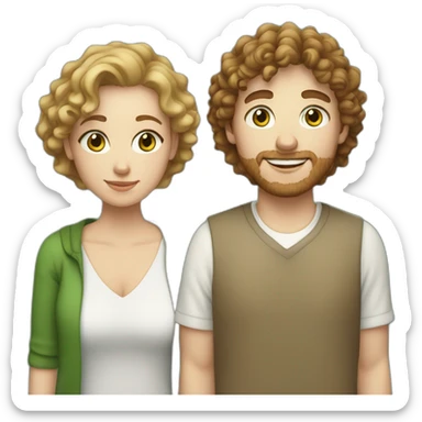 Couple, white European man with brown curly hair, blue eyes and chubby white woman with light brown curly hair and green eyes sticker