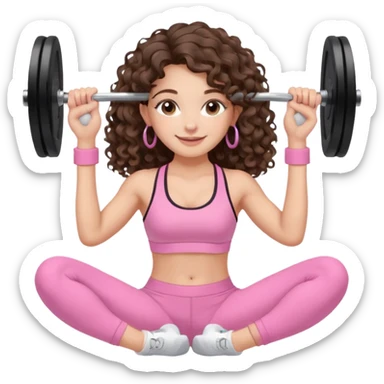 cute balayage brunette long hair curly/wavy haired girl, hoop earrings, clean girl makeup DOING EXERCISE with weights with a cute pastel pink set sticker