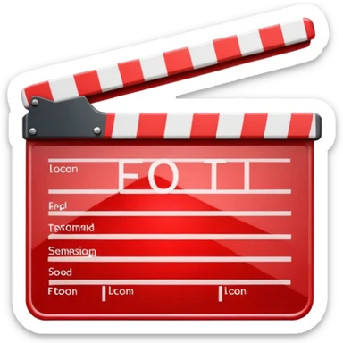 Bright red glossy movie clapper with a folded upper striped bar and light glare sticker