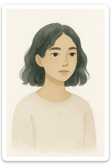 a girl with olive skin, black wavy shoulder-length hair, and dark brown eyes, in a soft illustration style sticker