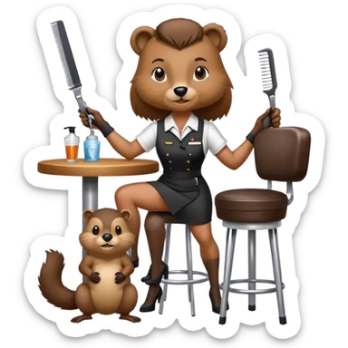 Woman standing beside bar stool with a beaver sitting on the bar stool with the beaver holding a pair of hair clippers sticker
