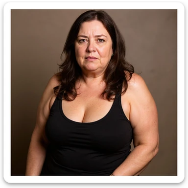 Make the image more realistic inspired by the reference photo: a woman with a lot of cellulite, visible face with a desperate and tired expression, identical pose to the photo, very detailed skin and shadows, neutral background. sticker