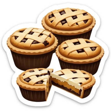 Baking community avatar in clean emoji-style illustration. Pies, cookies, and muffins grouped together, warm golden tones, simple shapes, flat design, high contrast, cozy and friendly. sticker