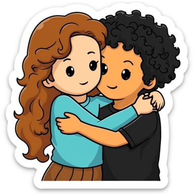 girl with long light brown hair and pale skin hugging a boy with black curly hair and tanned skin sticker
