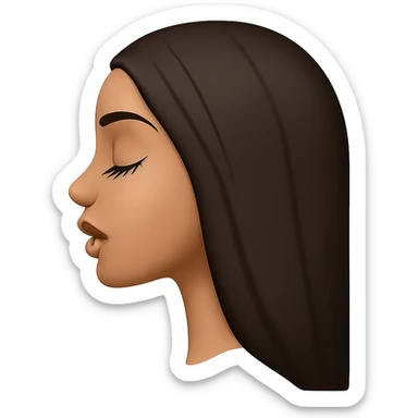 Create a side view (profile) of this woman's head in the normal iPhone emoji style, with closed eyes, long eyelashes, an open mouth, smooth shading, no outlines, long dark hair, and glossy lips with visible lip gloss. This is variant 1. sticker