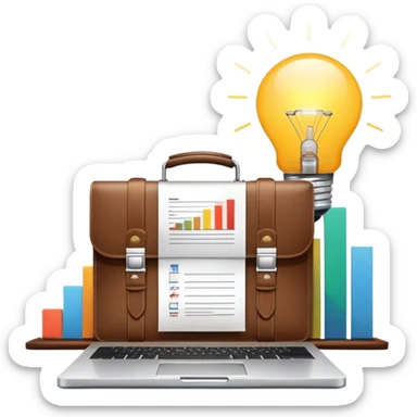 An icon showing a briefcase, a stack of documents, and a rising bar chart, representing business and entrepreneurship. The design features a laptop and a lightbulb, symbolizing innovation and strategy. Transparent background highlights the dynamic world of business growth and leadership. sticker