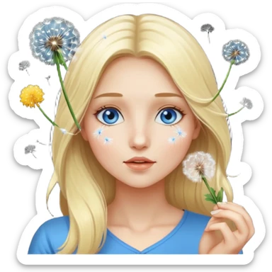 portrait woman long blonde hair blue eyes white skin blowing glowing dandelion seeds sticker