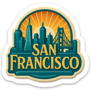San Francisco logo in retro art deco style, with stylized city skyline, sunburst patterns, and elegant typography, using gold and teal accents sticker