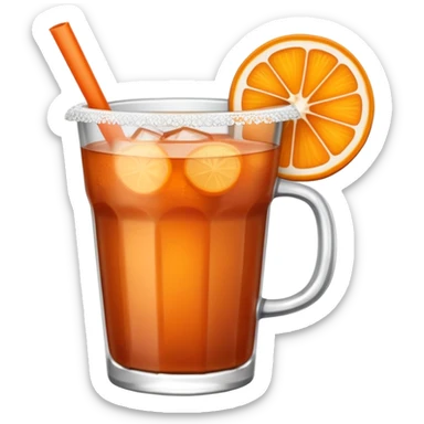 vaso de michelada, liquido rojizo, banderilla de tamarindo y rodaja de naranja sobre el vaso sticker