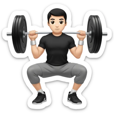 Hombre de cabello negro, tez moreno claro, vestido con playera negra, pants gris y tenis blancos tipo jordan haciendo sentadilla libre con barra con un disco de 20 kilos por lado visto de perfil  sticker
