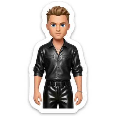 Justin Timberlake with blue eyes, light brown hair, black metallic shirt, black metallic baggy pants, silver necklace sticker