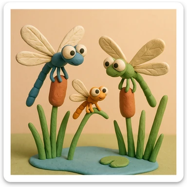 claymation style dragonfly family resting on reeds by a pond, parents and baby dragonflies, pastel background sticker