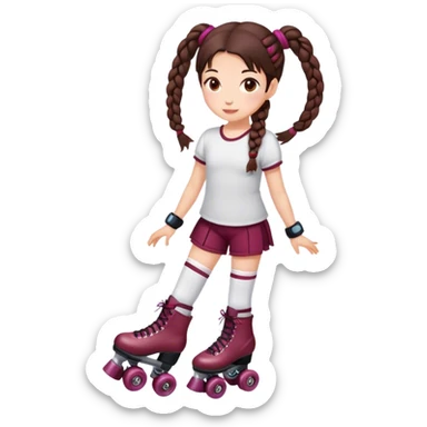 Cute girl, brunette with two braids, burgundy rollerskates sticker