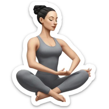 Pale skinned fit woman In a gray tight yoga suit and wristbands With black hair in a bun doing yoga sticker