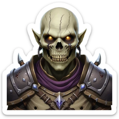 Cinematic Realistic WoW Undead Warrior Portrait, head tilted epicly and inquisitively, showcasing grim resilience and defiant strength. His withered, pallid skin and intense, glowing eyes contrast starkly with his worn, earth-toned clothes, rendered in meticulous detail. With dynamic, high-contrast lighting and high shine, this portrait exudes an epic aura, capturing the relentless will of a battle-hardened undead warrior. sticker