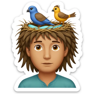 Man who has a birds nest on top of his head for hair sticker