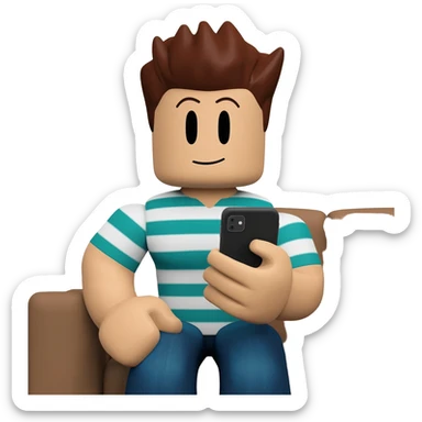 Genera un personaje de roblox con playera de rayas y jugando con su celular sentado en un sillon sticker