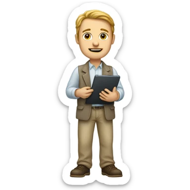 white man standing with ipad sticker