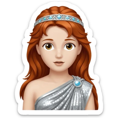 Diana from Roman Deities with long auburn hair, silver sequin toga sticker