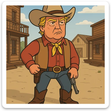 Donald Trump dressed as a cowboy, wearing a cowboy hat and boots, in a western setting, detailed facial features, vibrant colors, cartoon style sticker