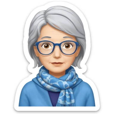 Older woman, shoulder length gray hair, wearing a scarf tied behind head, marbled blue rectangular glasses  sticker