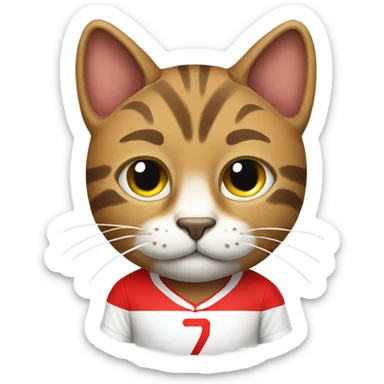 Tabby cat wearing a red soccer jersey sticker