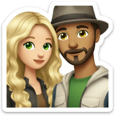 boyfriend and girlfriend. Boyfriend has wavy dark hair a beard and wears a hat with green eyes. Girlfriend has long balayage blonde hair and blue eyes.  sticker