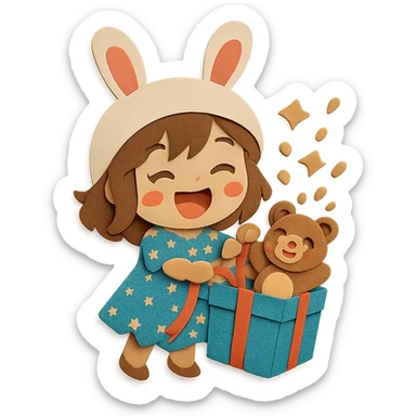 Change the girl's clothes to a beautiful design dress, keep all other elements the same (bunny hat, magical glitter gift box, laughing teddy bear, full body, clean and polished, no imperfections) sticker