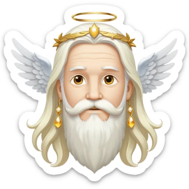 Wise deity with white angel wings, long white hair, beard and mustache, wearing gold drop earrings, heavenly appearance sticker