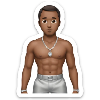 P Diddy with dark brown hair, silver pants, shirtless with necklace sticker