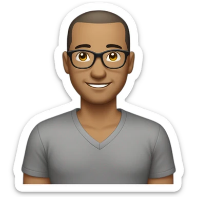 Late 30s man with buzz cut salt and pepper dark hair, thick frame glasses, with a round face and broad smile, medium nose, dark eyes, wearing a v-neck t-shirt sticker