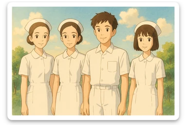 quatre étudiants infirmiers côte à côte, ambiance chaleureuse, ils ne se touchent pas, en tenue blanche complète à manches courtes, bras dégagés, sans stéthoscope, style Ghibli sticker