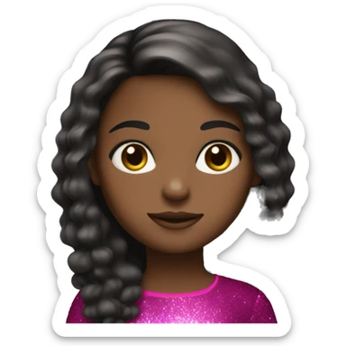 A girl with long hair black,fucsia dress,brown eyes,glitter sticker