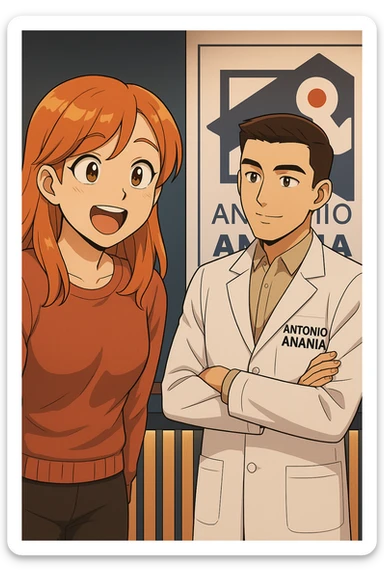 su questo stile fai un manga/webtoon a colori in cui C'è UNA STRISCIA CON FOCUS SUL VOLTO DELLA donna CON ESPRESSIONE DI STUPORE CHE ESCLAMA UNA COSA FELICE, MENTRE NELLA STRISCIA A DESTRA SI VEDE, l'uomo della foto in stile manga LE SPIEGA CHE DEVE PROVARE LA SUA VALUTAZIONE MEDICA, mantieni un ambiente simile alla foto che ho allegato con il suo logo (sarebbe il suo studio, lui è un kinesiologo), scrivigli "ANTONIO ANANIA" sul camice bianco, non mettere fumetti, ma fai in modo che sembri che la donna CHIEDA E  l'uomo RISPONDA sticker