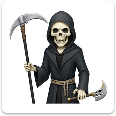 iPhone emoji style terrifying Grim Reaper with half-skeleton half-zombie face (no slime), holding a single scythe in left hand, 100 dollar bills integrated but character remains central and ominous, white background sticker