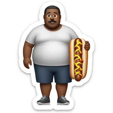 Obese man with hotdog sticker