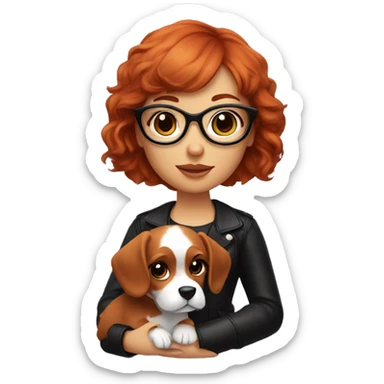 red-haired girl with bangs and short hair and black glasses leather holding a Cavalier puppy sticker
