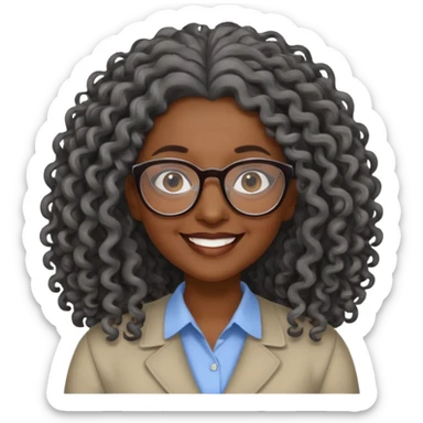 smiling dark older black woman wearing glasses with lots of long curly gray hair a sticker
