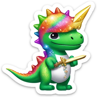 Lisa frank glitter rainbow cute dinosaur with sword and pearls sticker