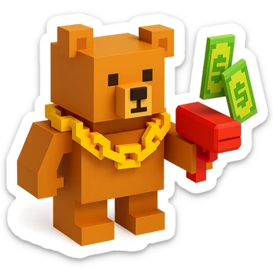 A grizzly bear with a chain and a money gun, voxel style, facing forward sticker