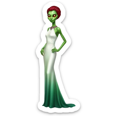 reptilian green alien woman, in( long slim pastel color:#FFFFFF formal party satin dress with gradient shiny sparkling dark red), full figure, full body sticker