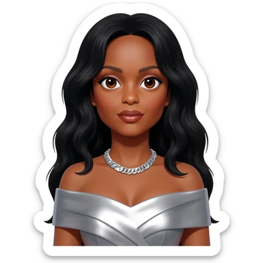 Diana Ross with brown eyes, long black hair, silver metallic off shoulder dress, silver necklace sticker