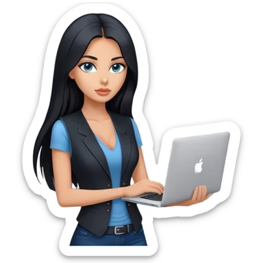 Glamours tanned very beautiful girl with pump peach nude lips and black straight smooth long hair, blue-grey eyes in beautiful black  v-neck vest from the suit (short sleeves) no blazer and no anything under the vest, only vest with MacBook sticker