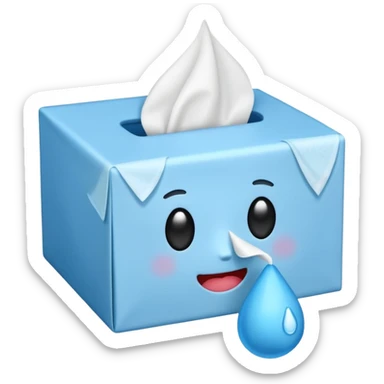 simple and expressive tissue box emoji with a tissue being pulled out and a small blue teardrop sticker
