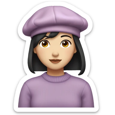 korean girl short black hair sharp jawline, attractive wearing a lilac sweater and beret sticker