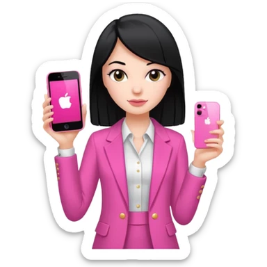 chica blanca con pelo negro liso sosteniendo con una sola mano un celula iphone 13 rosa, con vestimenta d salir de fiesta sticker