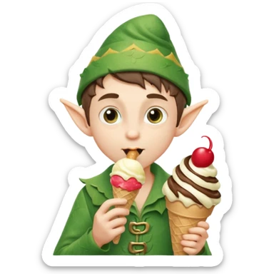 
A young elf boy in leafy clothes licking a triple-scoop ice cream with wide eyes.


A playful forest elf sitting on a log, balancing a huge ice cream tower in one hand.




 sticker