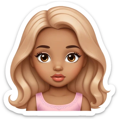 Glamourous, light brown skin tone, very beautiful toddler, with big plump peach-beige lips, long long lashes, black wavy smooth long hair, straight parting hair, brown eyes sticker